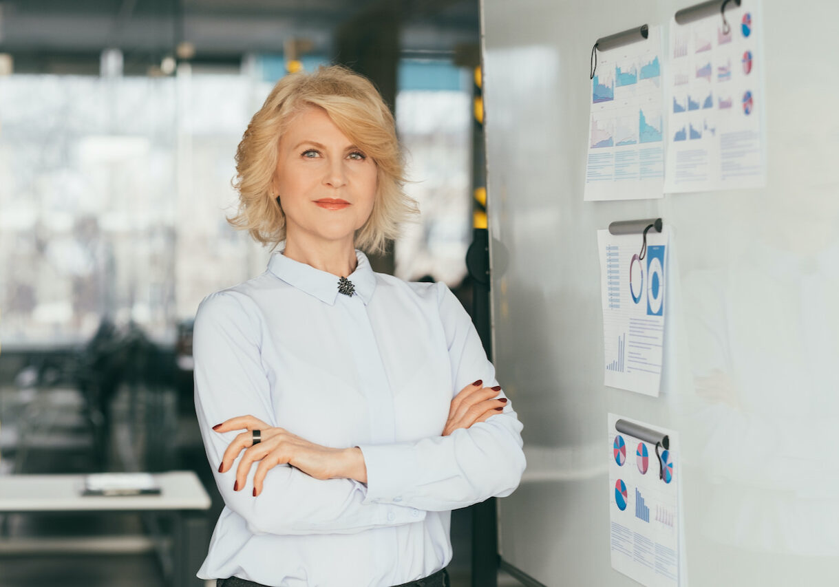 Advanced corporate training. Sales analysis. Confident coach business lady ready for meeting. Infographics on whiteboard.